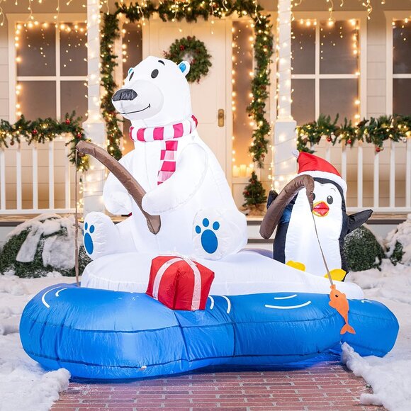 🆕6 FT Long Christmas Inflatable Happy Bear Fishing Penguin Outdoor Decoration - Picture 6 of 11